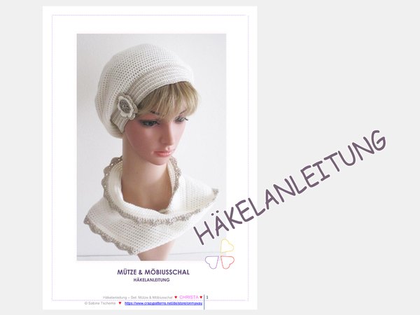 Häkelanleitung: Mädchen Damen Mütze mit Häkelblume + Möbiusschal (S, M, L)