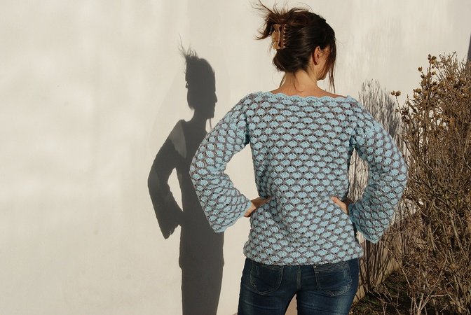 Häkel-Pulli JEANS-LOOK, Gr. S/M, L/XL (leicht an alle Größen anzupassen)