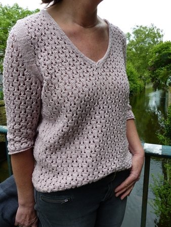 Strickanleitung, lockerer Lochmusterpullover mit ¾ Arm