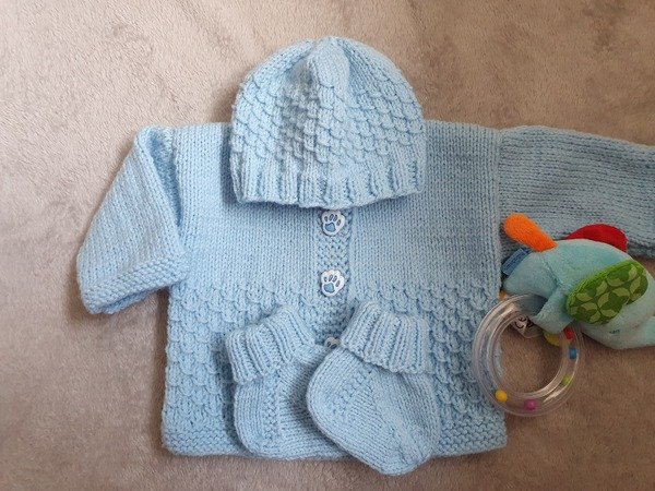 Strickanleitung Babygarnitur Jacke, Mütze, Socken Größe 56/62