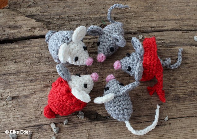 Gang of Mice with Umbrella, Scarf and Bobble Hat - Crochet Pattern