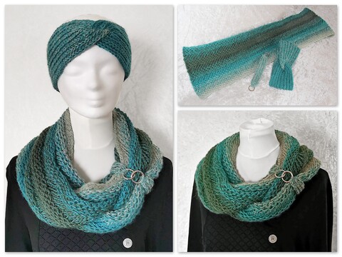 Knitting pattern set of 3 items: Loop / infinity scarf and headband Harmony