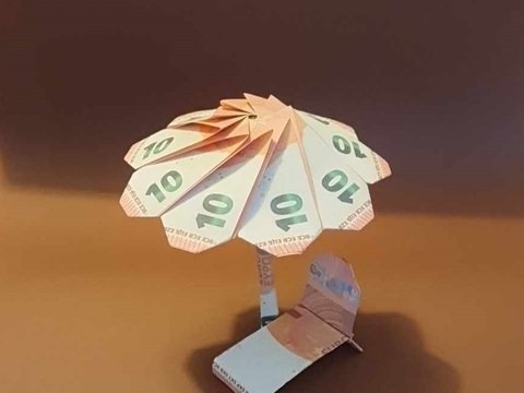 Origami Geldschein Sonnenschirm mit Sonnenliege (*)