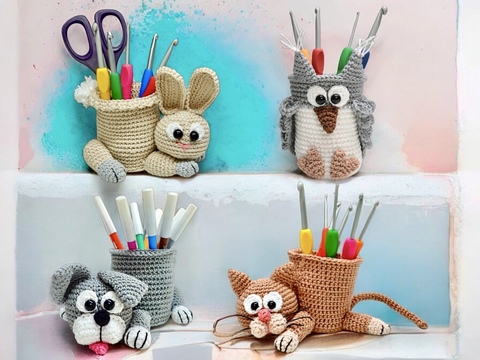 4 Tierische Stift/Nadelhalter im Set - Häkelanleitung
